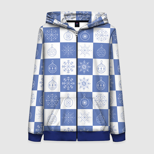 Женская толстовка на молнии Сине-белые квадраты со снежинками / 3D-Синий – фото 1