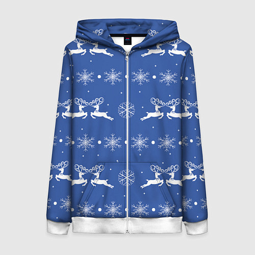 Женская толстовка на молнии Белые олени со снежинками на синем фоне / 3D-Белый – фото 1