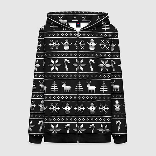 Женская толстовка на молнии Узор с ёлками снежинками и оленями / 3D-Черный – фото 1