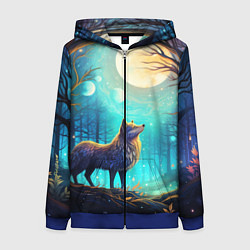 Толстовка на молнии женская Волк в ночном лесу в folk art стиле, цвет: 3D-синий