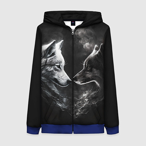 Женская толстовка на молнии Пара волков - белый и черный / 3D-Синий – фото 1