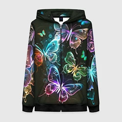 Толстовка на молнии женская Неоновые дикие бабочки, цвет: 3D-черный