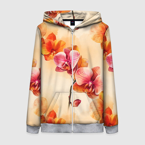 Женская толстовка на молнии Акварельные цветы - персиковый паттерн / 3D-Меланж – фото 1