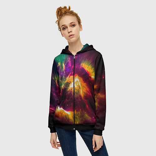 Женская толстовка на молнии Небула в космосе разноцветная - нейронная сеть / 3D-Черный – фото 3