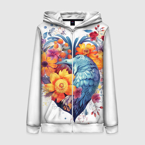 Женская толстовка на молнии Цветочное сердце с птицами / 3D-Белый – фото 1