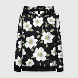 Толстовка на молнии женская Белые цветы крупным планом, цвет: 3D-черный