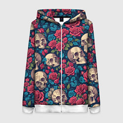 Толстовка на молнии женская Черепа и красные розы, цвет: 3D-белый