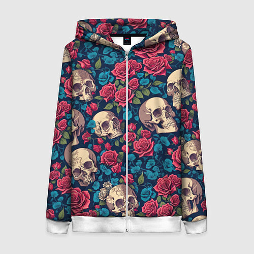 Женская толстовка на молнии Черепа и красные розы / 3D-Белый – фото 1