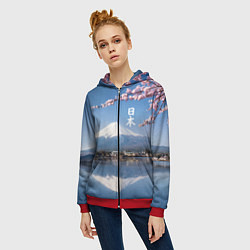 Толстовка на молнии женская Цветущая сакура на фоне Фудзиямы - Япония, цвет: 3D-красный — фото 2