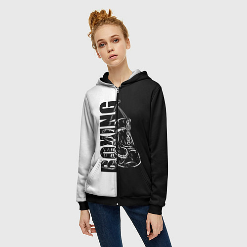 Женская толстовка на молнии Boxing чёрно-белое / 3D-Черный – фото 3