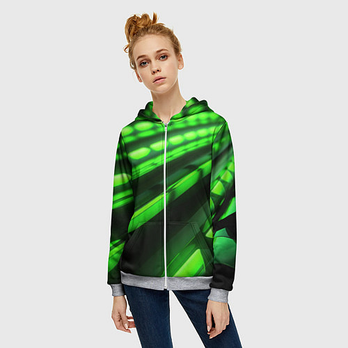 Женская толстовка на молнии Green neon abstract / 3D-Меланж – фото 3