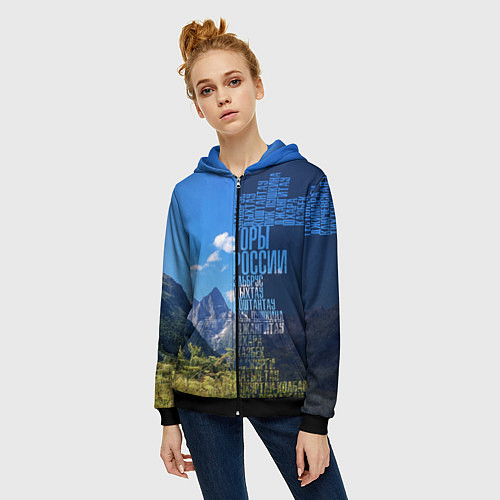 Женская толстовка на молнии Перечень гор России / 3D-Черный – фото 3