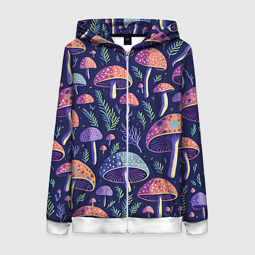 Женская толстовка на молнии Грибы паттерн / 3D-Белый – фото 1