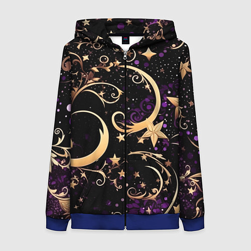 Женская толстовка на молнии Чёрный паттерн со звёздами и лунами / 3D-Синий – фото 1
