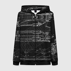 Толстовка на молнии женская Чертеж ракеты на чёрном фоне, цвет: 3D-черный