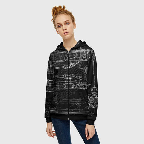Женская толстовка на молнии Чертеж ракеты на чёрном фоне / 3D-Черный – фото 3
