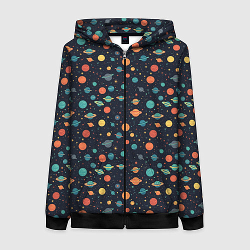 Женская толстовка на молнии Темный космос с планетами паттерн / 3D-Черный – фото 1