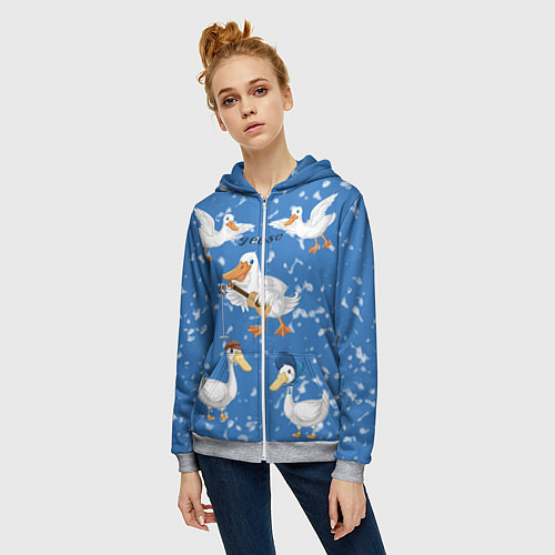 Женская толстовка на молнии Белые гуси и утки / 3D-Меланж – фото 3