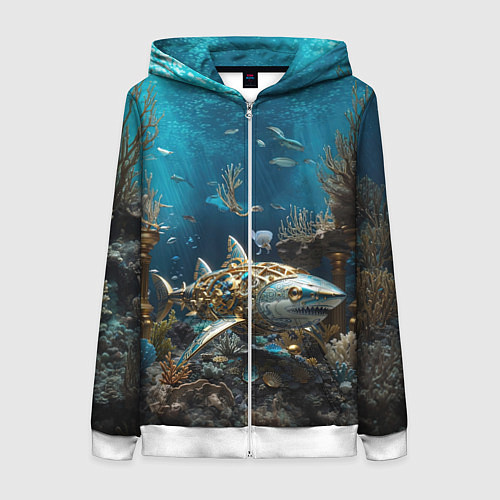 Женская толстовка на молнии Механическая акула / 3D-Белый – фото 1