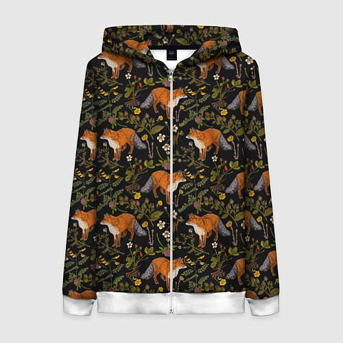 Женская толстовка на молнии Лисы и цветы / 3D-Белый – фото 1