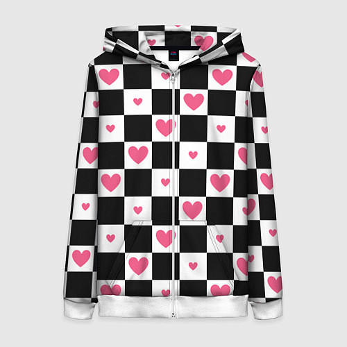 Женская толстовка на молнии Розовые сердечки на фоне шахматной черно-белой дос / 3D-Белый – фото 1