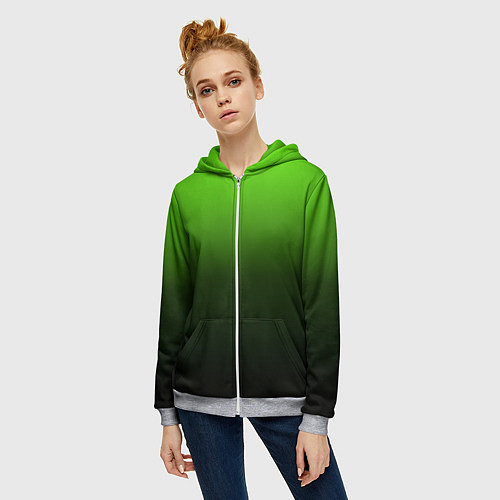 Женская толстовка на молнии Градиент ядовитый зеленый - черный / 3D-Меланж – фото 3