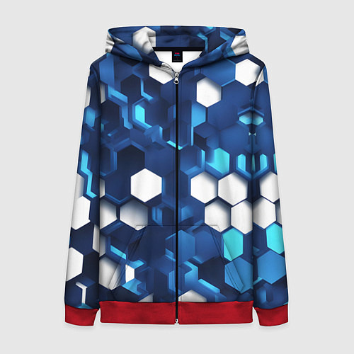 Женская толстовка на молнии Cyber hexagon Blue / 3D-Красный – фото 1