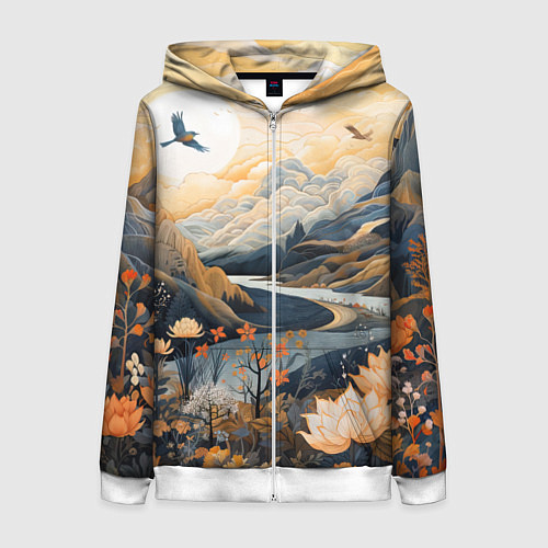 Женская толстовка на молнии Солнечное утро в цветущих горах / 3D-Белый – фото 1