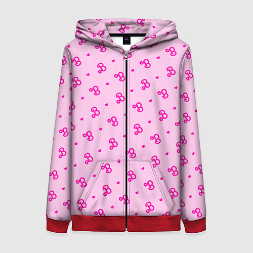 Женская толстовка на молнии Розовый паттерн - Барби и сердечки / 3D-Красный – фото 1