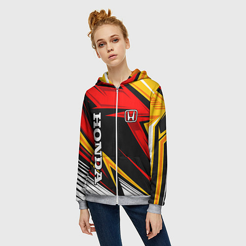 Женская толстовка на молнии Honda - красный и оранжевый / 3D-Меланж – фото 3