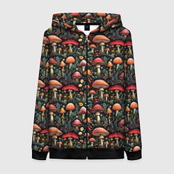 Толстовка на молнии женская Сказочные грибы мухоморы паттерн, цвет: 3D-черный