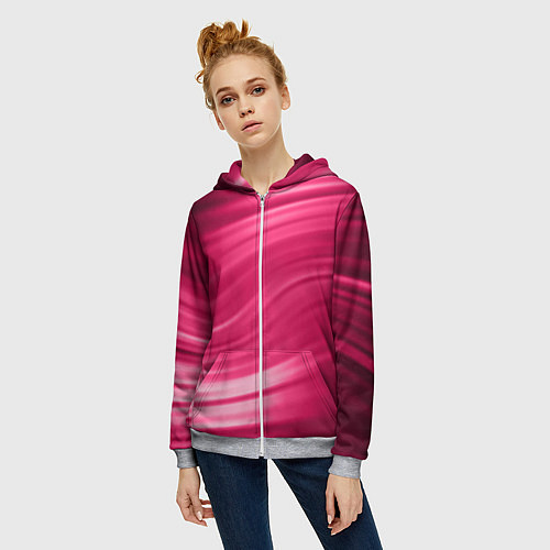Женская толстовка на молнии Абстрактный волнистый узор в красно-розовых тонах / 3D-Меланж – фото 3
