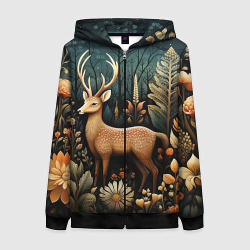 Женская толстовка на молнии Лесной олень в стиле фолк-арт / 3D-Черный – фото 1