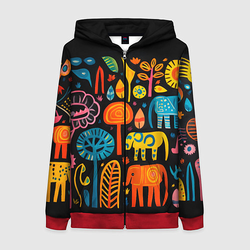 Женская толстовка на молнии Африканский узор со слонами - нейросеть / 3D-Красный – фото 1