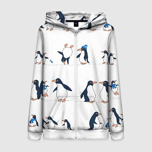 Женская толстовка на молнии Семейство пингвинов на прогулке / 3D-Белый – фото 1