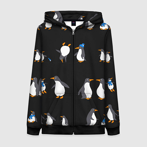 Женская толстовка на молнии Веселая семья пингвинов / 3D-Черный – фото 1