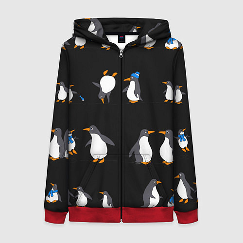 Женская толстовка на молнии Веселая семья пингвинов / 3D-Красный – фото 1