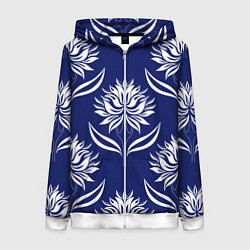 Толстовка на молнии женская Абстрактные белые лотосы на синем - паттерн, цвет: 3D-белый