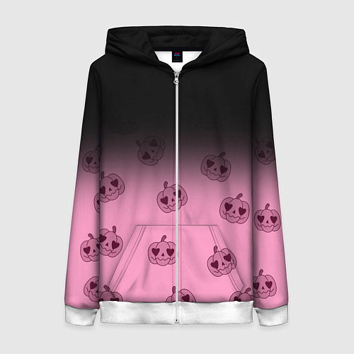 Женская толстовка на молнии Черно-розовый градиент и хэллоуинские тыквы паттер / 3D-Белый – фото 1