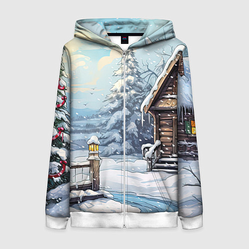 Женская толстовка на молнии Деревянный зимний домик / 3D-Белый – фото 1