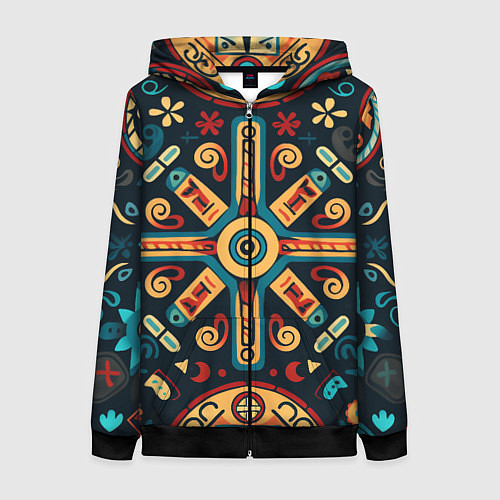 Женская толстовка на молнии Симметричный орнамент в славянском стиле / 3D-Черный – фото 1