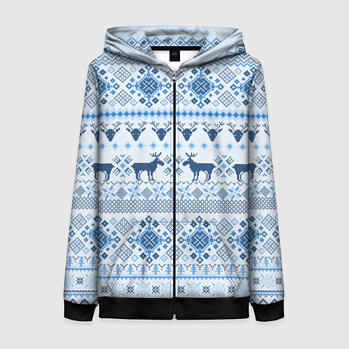 Женская толстовка на молнии Blue sweater with reindeer / 3D-Черный – фото 1