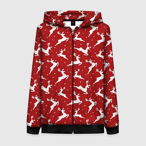 Женская толстовка на молнии Красный паттерн с новогодними оленями / 3D-Черный – фото 1