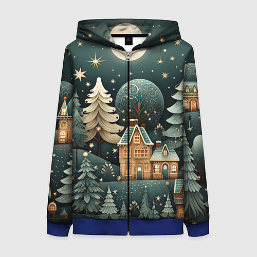 Женская толстовка на молнии Снежная деревня в праздничном наряде / 3D-Синий – фото 1