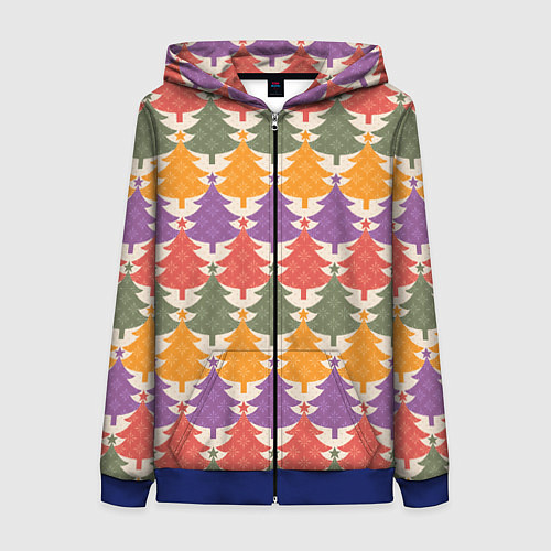 Женская толстовка на молнии Новогодние разноцветные ёлочки / 3D-Синий – фото 1