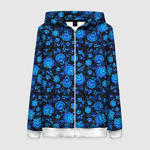 Женская толстовка на молнии Новогодняя гжельская роспись чёрный фон / 3D-Белый – фото 1