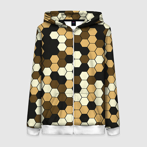 Женская толстовка на молнии Камуфляж гексагон коричневый / 3D-Белый – фото 1