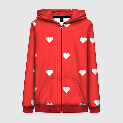 Женская толстовка на молнии Белые сердца на красном фоне / 3D-Красный – фото 1