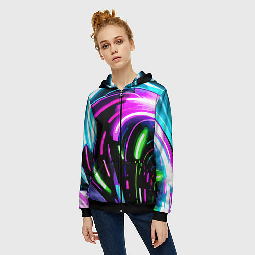 Женская толстовка на молнии Неоновая экспрессивная абстракция / 3D-Черный – фото 3