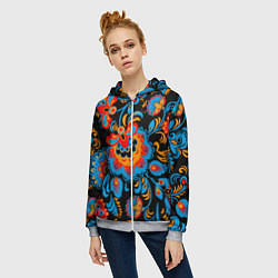 Толстовка на молнии женская Хохломская роспись разноцветные цветы на чёроном ф, цвет: 3D-меланж — фото 2